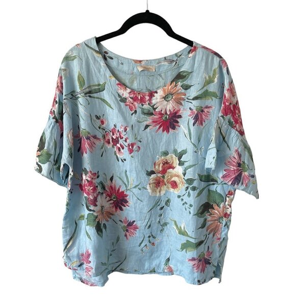 BELLAMBRA Floral Blouse Linen Short Sleeve Round Neck Pullover Blue Red Small - Picture 1 of 9